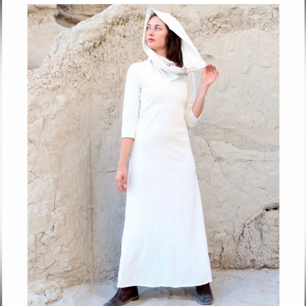 Gaia Conceptions White Cowl Neck 3/4 Sleeve Sheath Maxi Dress